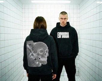 Vintage Black Boxy Hoodie, Wireframe Skull Graphic, Dystopian Cyber Streetwear Pullover