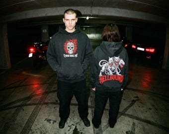 Hellbound Cerberus Graphic Hoodie, Vintage Black Motocross Streetwear Pullover