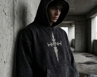 Acid Wash Thorned Cross Hoodie, Gothic Opium Streetwear