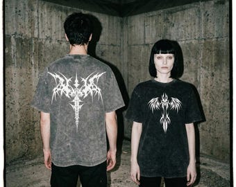 Cyber Seraph Neo Tribal Wing T-Shirt, Oversized Graphic Heavyweight Acid Wash Tee
