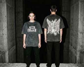 Fallen Angel Graphic Tee, Cyber Sigilism Shirt, Gothic Crown Top, Opium Core Streetwear, Acid Wash Y2K Dark Grunge Fashion