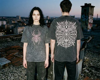 Cyber Spider Graphic Tee, Black Widow Shirt, Barbed Wire Web Top, Opium Core Streetwear, Acid Wash Y2K Dark Grunge Fashion