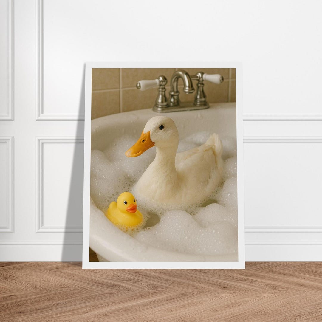 Funny Duck Art Print – Real Duck in Bubble Bath With Rubber Ducky ...