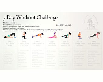 Può includere: Una grafica bianca con il testo "7 Day Workout Challenge" e illustrazioni di esercizi. La grafica include un programma di allenamento con esercizi come jumping jacks, squat e allenamenti per il core. L'allenamento è progettato per la tonificazione completa del corpo.