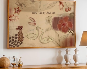How Lucky Are We- Vintage Beige and Red Poster, Swan Art, Lucky Girl Aesthetic