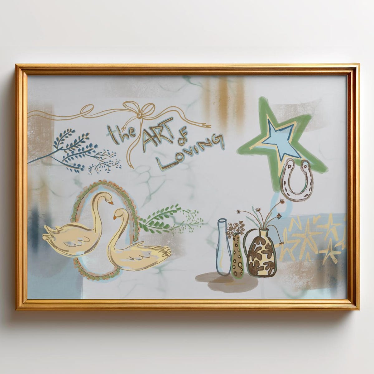 Vintage Collage Poster- Blue and Green Wall Decor, Rustic Art Print, Swan Bedroom Gift