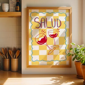Salud Cheers Vertikales Poster, Barwagendruck, Jubeldruck, Barwagendekor, Retro-Küchenwandkunst, Barwagenkunst, trendige Wandkunst