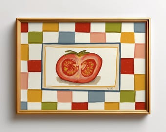Lámina vintage de acuarela de tomate, arte rústico para la pared de la cocina, póster decorativo retro de comida