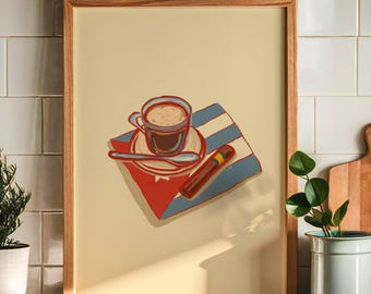 Cuban Coffee Art Print – Cafecito Illustration, Espresso Poster, Retro Café Decor, Cuban Flag Artwork, Vintage Kitchen Wall Art
