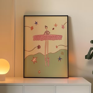 celestial wall art, ballerina art print, ballet room decor, pink tutu artwork, boho feminine decor, star illustration art, dance studio wall art, dreamy wall print, nursery art girl, vintage tone artwork, romantic home decor, gift for dancer, whimsical art print