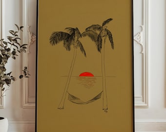 Palm Tree Sunset Print, Brown Seaside Illustration, Neutral decor