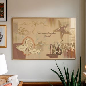 May include: A rectangular framed wall art print featuring a beige background with illustrations of two swans in an oval frame, a large star, a ribbon, and vases. The text "I am a museum of everything I've loved" is centred in black cursive script.