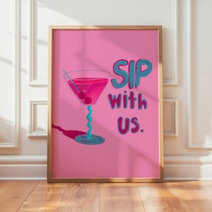 Sip With Us| Retro Cocktail Print: Pink Cosmo Drink, Mid-Century Bar Cart Art