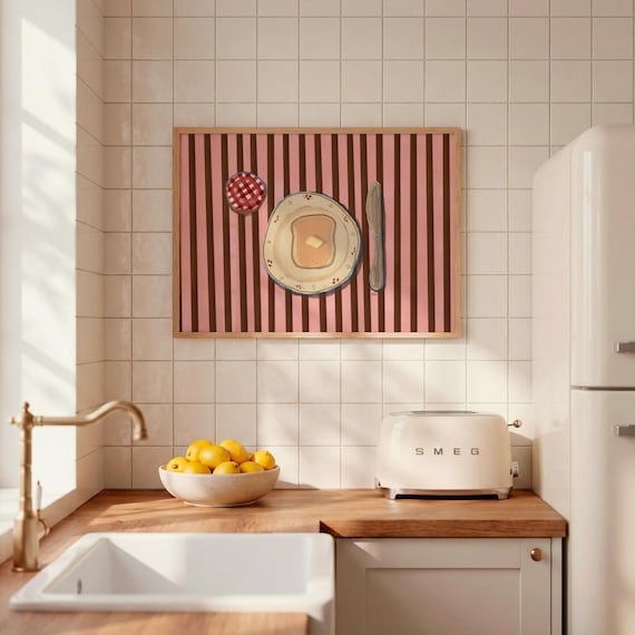 Buttered Toast Art Print, Breakfast Wall Art, Cozy Kitchen Decor, Vintage Plate Illustration, Food Art, Pink Aesthetic Wall Decor