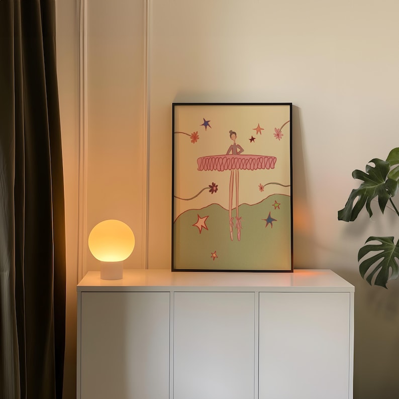 celestial wall art, ballerina art print, ballet room decor, pink tutu artwork, boho feminine decor, star illustration art, dance studio wall art, dreamy wall print, nursery art girl, vintage tone artwork, romantic home decor, gift for dancer, whimsical art print