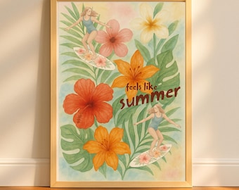 Surfer Girl Summer Poster, Vertical Art Print