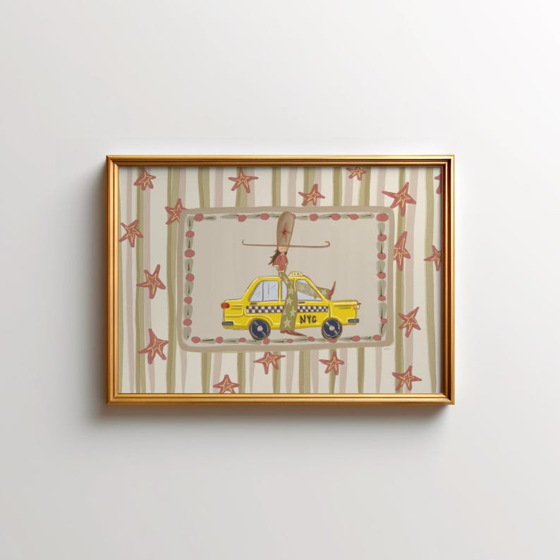 Cowboy riding taxi, southwestern Art, City fun poster, Colorful apartment poster, Apartment bedroom fun art, Bold colorful girl apartment, college bedroom art, Fashion school NYC, New York fashion wall decor