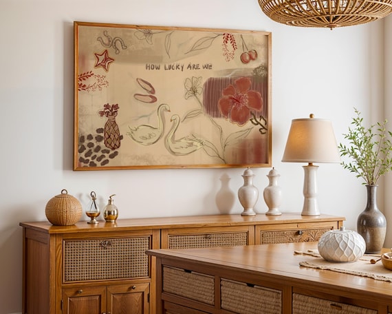 How Lucky Are We- Vintage Beige and Red Poster, Swan Art, Lucky Girl Aesthetic