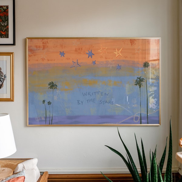 Written by the Stars Wall Art, Malibu Sunset Palm Tree Print, Celestial Coastal Decor, Boho Starry Sky Art Gift for Her