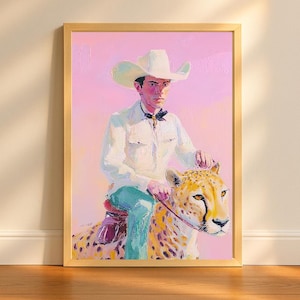 Cowboy and Cheetah Vertical Print, Pink Wall Art Poster