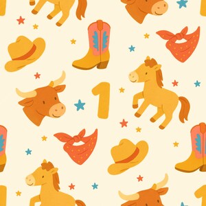 May include: A repeating pattern featuring cowboy-themed illustrations. The design includes cowboy boots, hats, bandanas, horses, a bull, stars, and the number 1, in shades of yellow, orange, pink, and blue on a cream background. This pattern is suitable for children's products.