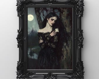 Gotisk vampyr oljemålning porträtt, mörk akademisk väggkonst (digital nedladdning)