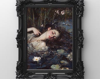 Lámina de pintura al óleo gótica de Ofelia, arte Dark Academia (descarga digital)