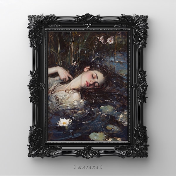 May include: An artwork in a black ornate frame shows a woman with long brown hair, lying in water with lily pads and flowers. The woman wears a white dress. The painting has a dark, moody atmosphere. The frame is a decorative element.
