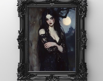 Gotisk vampyr oljemålning porträtt, mörk akademisk väggkonst (digital nedladdning)