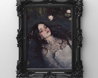 Lámina de pintura al óleo de Ofelia, arte mural gótico de estilo Dark Academia (descarga digital)