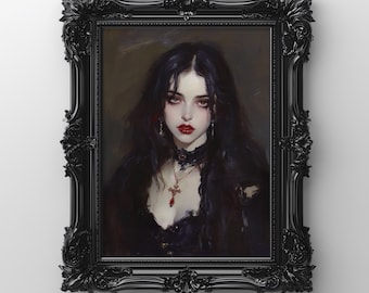 Gotisk vampyr oljemålning porträtt, mörk akademisk väggkonst (digital nedladdning)