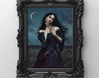 Affiche murale d'art victorien, décoration sorcière, peinture à l'huile gothique sombre, téléchargement instantané, style Dark Academia Goth, png