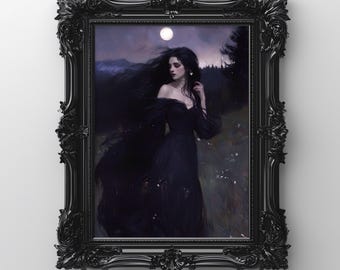 Moon Wall Art Victorian Art Poster Print, Witchy Decor, Dark Gothic Oil Painting, Instant Download Printable Dark Academia Goth, png