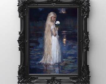 Moon Maiden Witch Art Print, Gothic Oil Painting (Digital Download)