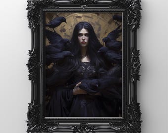 May include: A framed portrait of a woman surrounded by black crows. The woman has long black hair and wears a dark dress. The ornate black frame surrounds the artwork, which has a gold background.