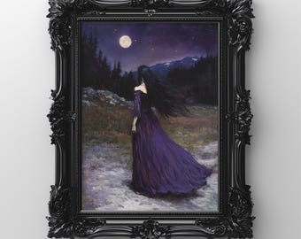 Moon Wall Art Victorian Art Poster Print, Witchy Decor, Dark Gothic Oil Painting, Instant Download Printable Dark Academia Goth, png