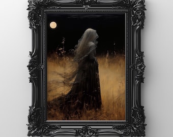 Mond-Wandbild, viktorianisches Kunstdruck-Poster, Hexen-Dekor, düster-gotisches Ölgemälde, Sofort-Download, druckbare Dark Academia Goth-Vorlage