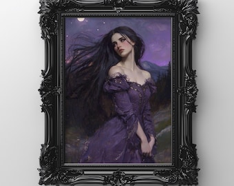 May include: A framed portrait of a woman in a purple dress with long black hair, set against a backdrop of a starry night and mountains. The ornate black frame adds a gothic aesthetic.