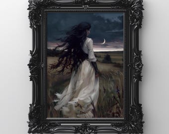 Gothic Woman Moon Art Print, Dark Victorian Style (Digital Download)