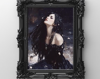 May include: A framed portrait of a woman with long black hair and a black dress. The ornate black frame surrounds the painting, which features the woman with her head tilted back and eyes closed. The artist's name, MAJARA, is in the bottom right corner.