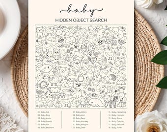 Baby Animals Baby Shower Hidden Object Game, Printable Animal Seek and Find Activity, Baby Shower Game PDF
