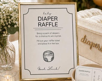 Diaper Raffle Set Canva Template, Diaper Raffle Sign and Tickets, Editable Baby Shower Raffle, Minimalist Diaper Party Game