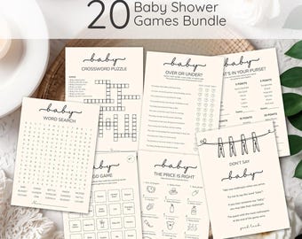 20 Baby Shower Games Bundle, Editable Canva Templates, Printable Baby Shower Game Pack, Minimal Neutral Party Games