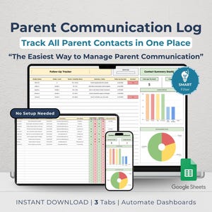 Può includere: Un display digitale che mostra un registro delle comunicazioni con i genitori, con il testo "Parent Communication Log" e "Track All Parent Contacts in One Place". L'immagine include un tablet, un telefono e uno schermo di computer che visualizzano grafici e dati. È visibile anche il testo "Instant Download | 3 Tabs | Automate Dashboards".