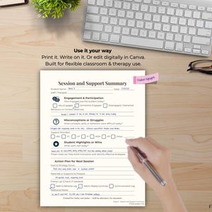Scene showing a printed page in use, filled out with pen beside a keyboard and plant. Displays parent communication or behavior log. Clean neutral layout, perfect for teachers tracking daily progress and notes during lessons or meetings.