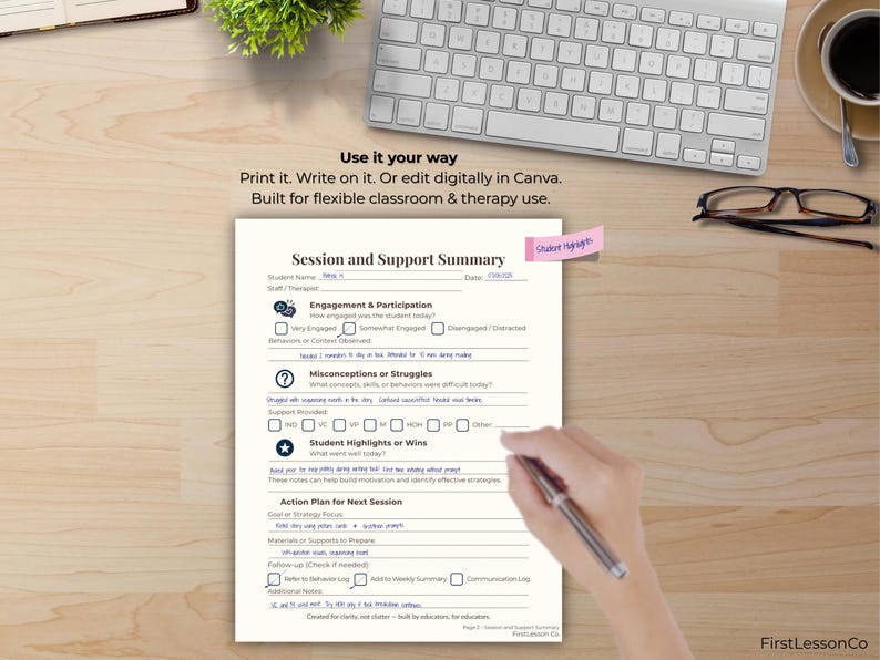 Scene showing a printed page in use, filled out with pen beside a keyboard and plant. Displays parent communication or behavior log. Clean neutral layout, perfect for teachers tracking daily progress and notes during lessons or meetings.