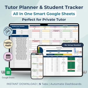 Peut inclure: Un planificateur numérique et un suivi des étudiants affichés sur un ordinateur portable, une tablette et un smartphone. L'interface montre un calendrier mensuel, l'organisation des leçons et un suivi des revenus. Le texte comprend "Tutor Planner & Student Tracker".