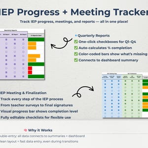 Track every step of the IEP process with editable checklists and visual bars. From teacher surveys to finalized signatures, this tab makes it easy to monitor IEP progress for each student. Includes color-coded completion bars, checkbox columns, and auto-calculations. Teachers can quickly identify what’s missing and what’s done—perfect for use during IEP season or as part of ongoing caseload monitoring.
