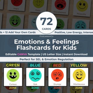 Puede incluir: Juego de tarjetas didácticas para niños, que muestran diversas emociones. Las tarjetas presentan ilustraciones de sentimientos como "Curioso", "Enfermo", "Gruñón" y "Travieso". El texto dice "Emotions & Feelings Flashcards for Kids". El conjunto incluye 72 tarjetas.