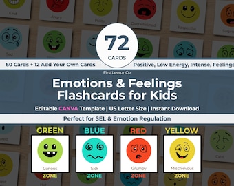 Emotions & Feelings Flashcards for Kids: SEL Social Skills, Zones of Regulation Editable (Digital Download)